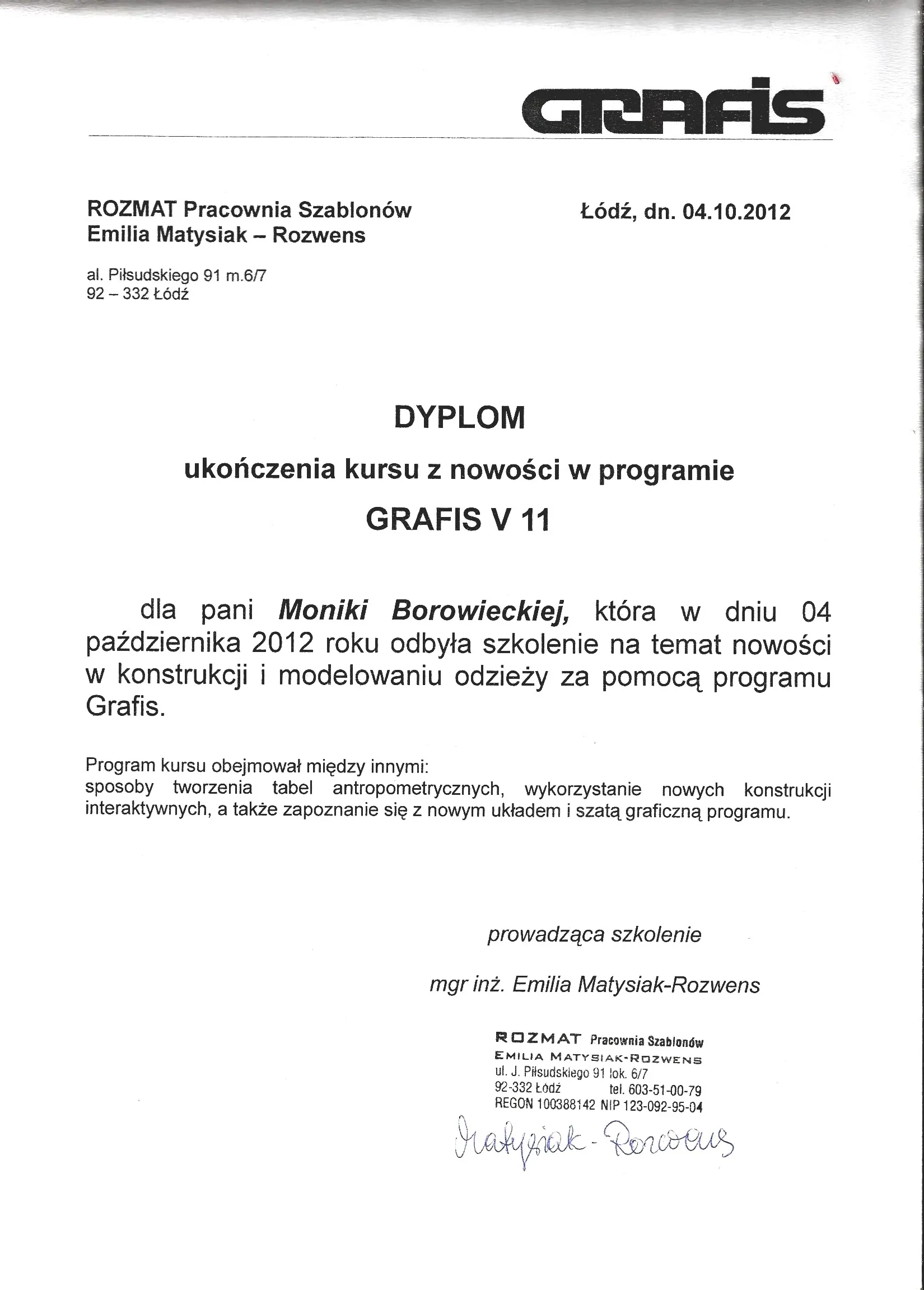 Dyplom ukończenia kursu z nowości w programie Grafis 11